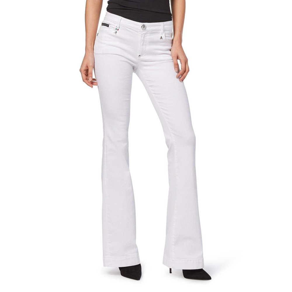 Philipp Plein‎ Sz 26 St. Martin Nerine Flare Jeans White Skull Embellished Italy